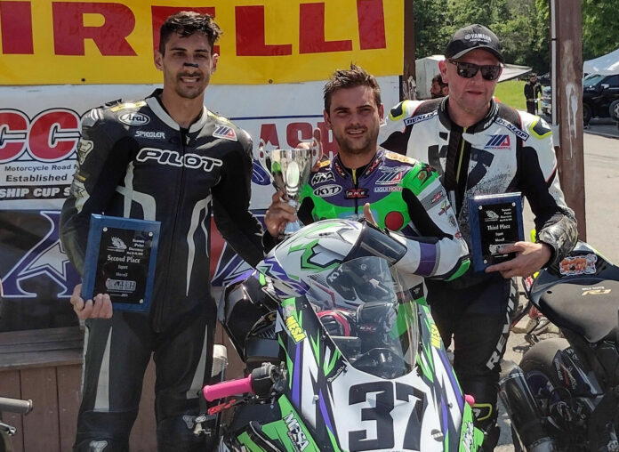 ASRA SuperStock race winner Stefano Mesa (center) runner-up Frankie Babuska, Jr. (left), and third-place finisher Mark Heckles (right). Photo courtesy ASRA.