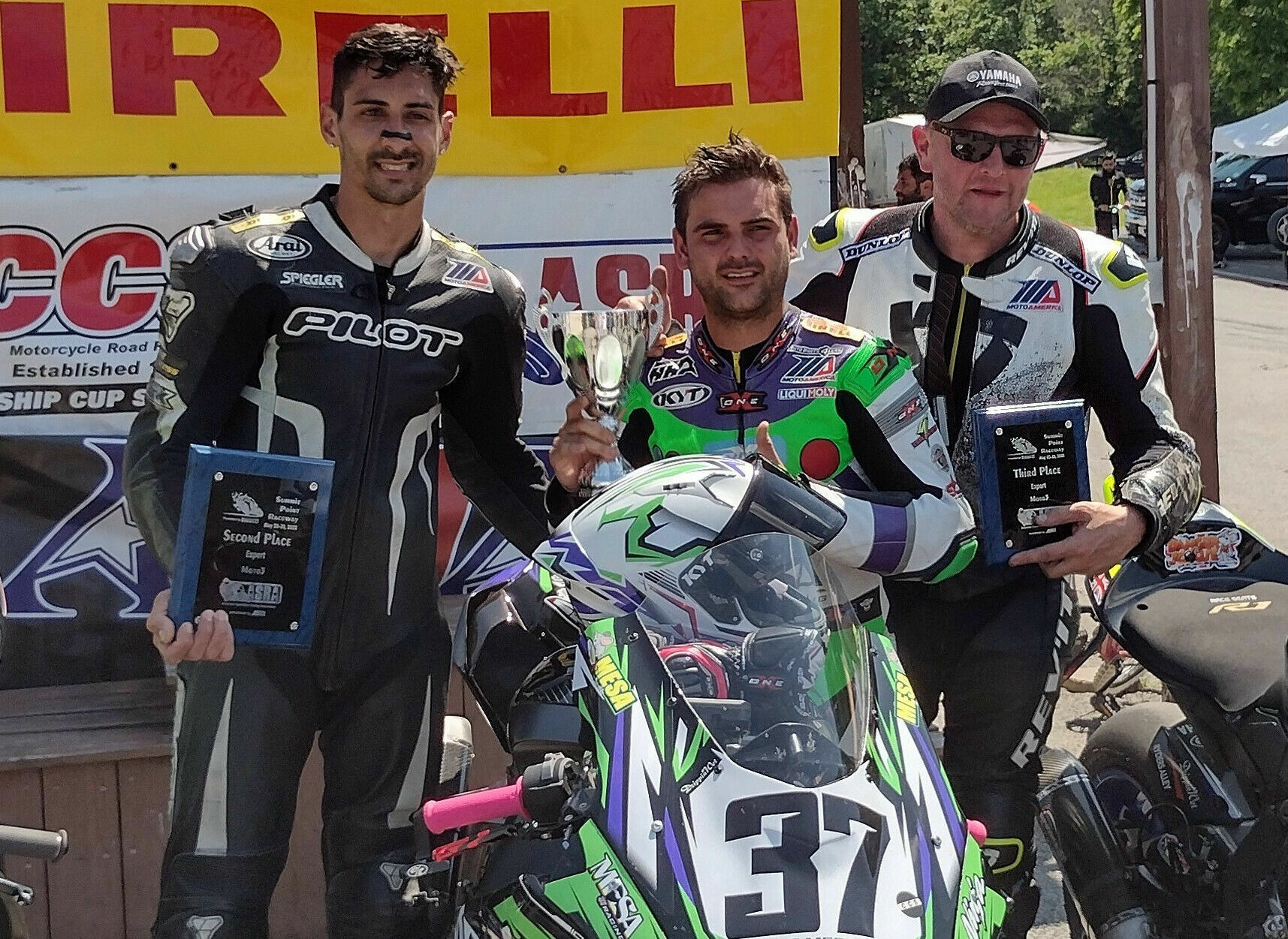 ASRA SuperStock race winner Stefano Mesa (center) runner-up Frankie Babuska, Jr. (left), and third-place finisher Mark Heckles (right). Photo courtesy ASRA.