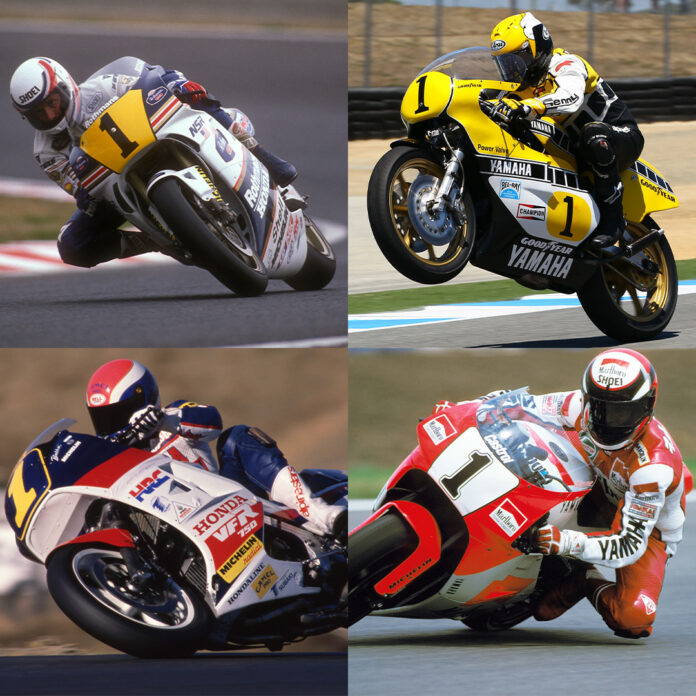 (Clockwise from top left) Eddie Lawson, King Kenny Roberts, Bubba Shobert will join host Wayne Rainey for "Rainey's Ride To The Races," July 9, on the Monterey Peninsula in conjunction with the GEICO MotoAmerica Superbike Speedfest at Monterey at WeatherTech Raceway Laguna Seca. Photos by Gold & Goose and Henny Ray Abrams, courtesy MotoAmerica.