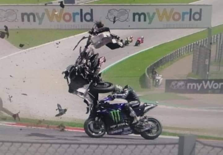 Maverick Vinales was almost struck by what was left of a crashed motorcycle during the MotoGP race at the first Austrian Grand Prix of 2020. Photo courtesy Dorna.