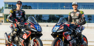 Robem Engineering's MotoAmerica Twins Cup racers Ben Gloddy (left) and Teagg Hobbs (right) are two of four Americans racing in the Aprilia RS 660 Trofeo this coming weekend at the Vallelunga Circuit, in Italy. Photo by Sara Chappell Photos, courtesy Robem Engineering.