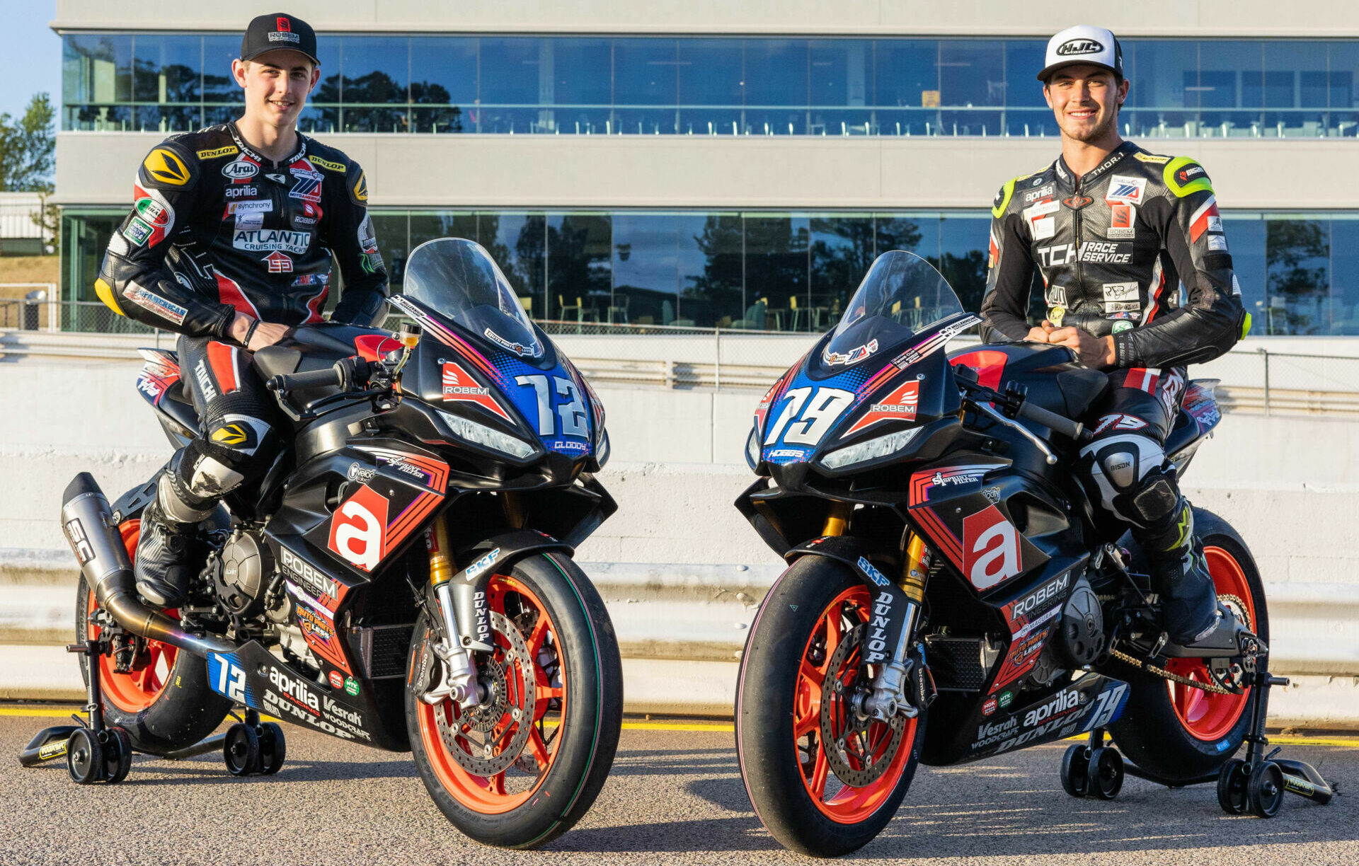 Robem Engineering's MotoAmerica Twins Cup racers Ben Gloddy (left) and Teagg Hobbs (right) are two of four Americans racing in the Aprilia RS 660 Trofeo this coming weekend at the Vallelunga Circuit, in Italy. Photo by Sara Chappell Photos, courtesy Robem Engineering.