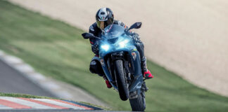 A test rider at speed on a 2023-model Kawasaki ZX-6R. Photo courtesy Kawasaki Motors Corp., U.S.A.