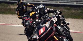 Shane Narbonne (1) leads Ben Bostrom (155) and Hawk Mazzotta (behind Bostrom) during the BRL Bagger GP race in Utah. Photo courtesy TRASK Performance.