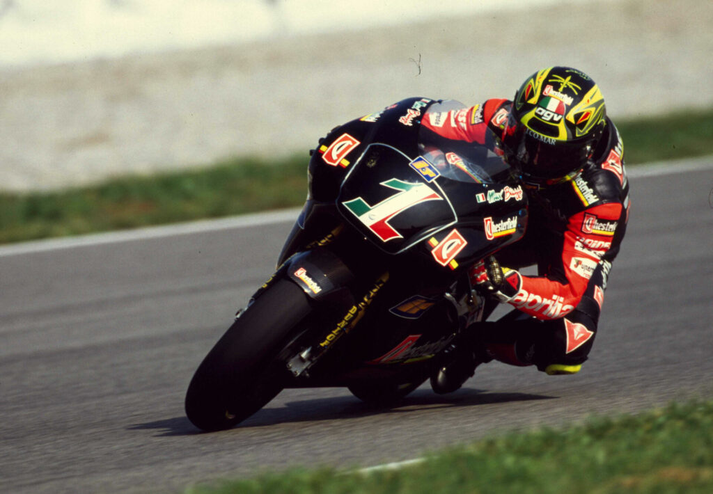 Max Biaggi (1) on his Aprilia 250 circa 1995. Photo courtesy Dorna.