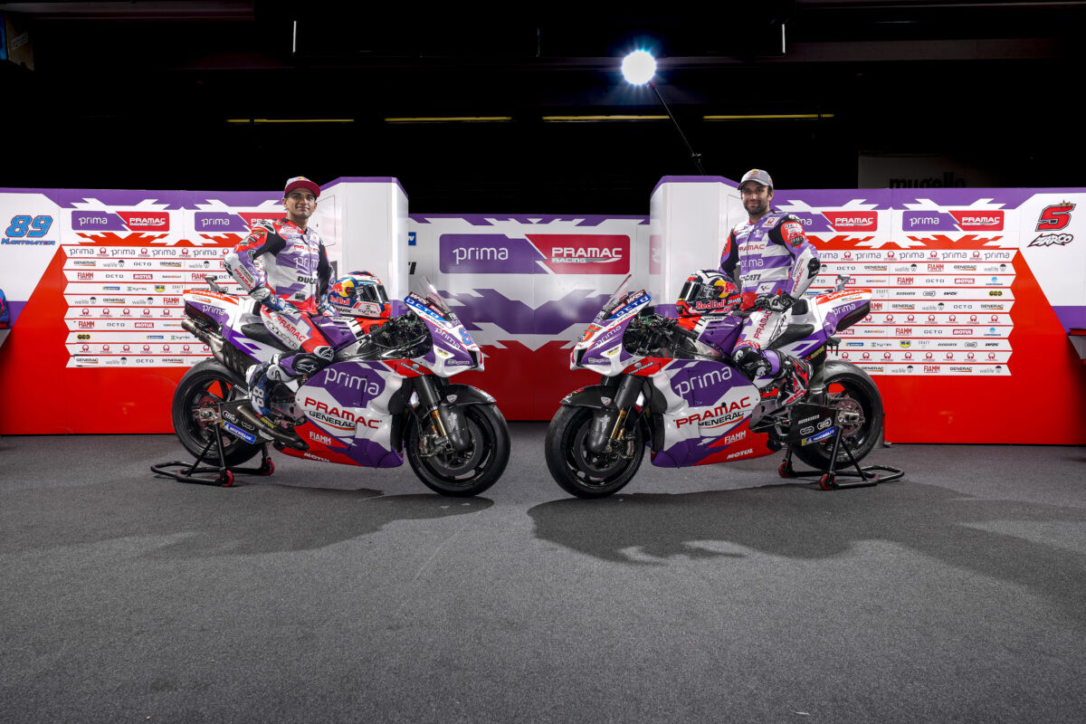 Jorge Martin (left) and Johann Zarco (right) on their Prima-branded Ducati MotoGP racebikes. Photo courtesy Pramac Racing.