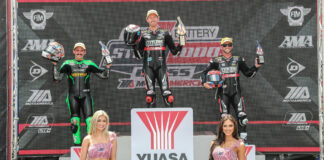 Corey Alexander (center) beat Michael Gilbert (left) by just .001 of a second to win the first round of the MotoAmerica Yuasa Stock 1000 Championship at Road Atlanta. Travis Wyman (right) finished third. Photo by Brian J. Nelson, courtesy MotoAmerica.