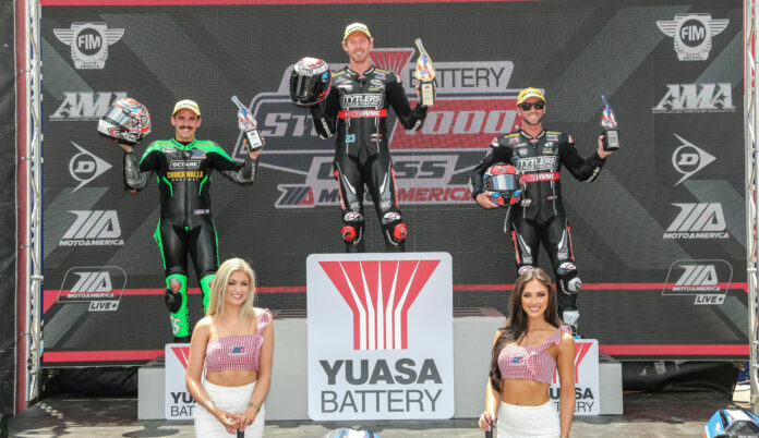 Corey Alexander (center) beat Michael Gilbert (left) by just .001 of a second to win the first round of the MotoAmerica Yuasa Stock 1000 Championship at Road Atlanta. Travis Wyman (right) finished third. Photo by Brian J. Nelson, courtesy MotoAmerica.