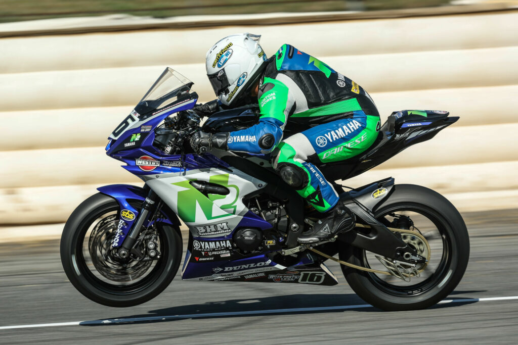 N2 Racing's Kevin Olmedo (16) streaking past Roadracing World Action Fund-supplied soft barriers during a MotoAmerica event at Road Atlanta. Photo by Brian J. Nelson, courtesy N2 Track Days.