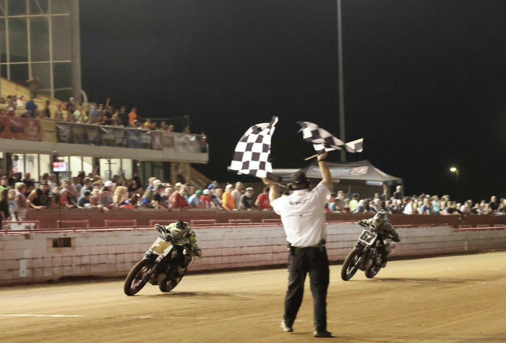 Jared Mees (1) takes the checkered flag ahead of Davis Fisher (67) at the Red Mile II, Photo by Brian J. Nelson, courtesy AFT.
