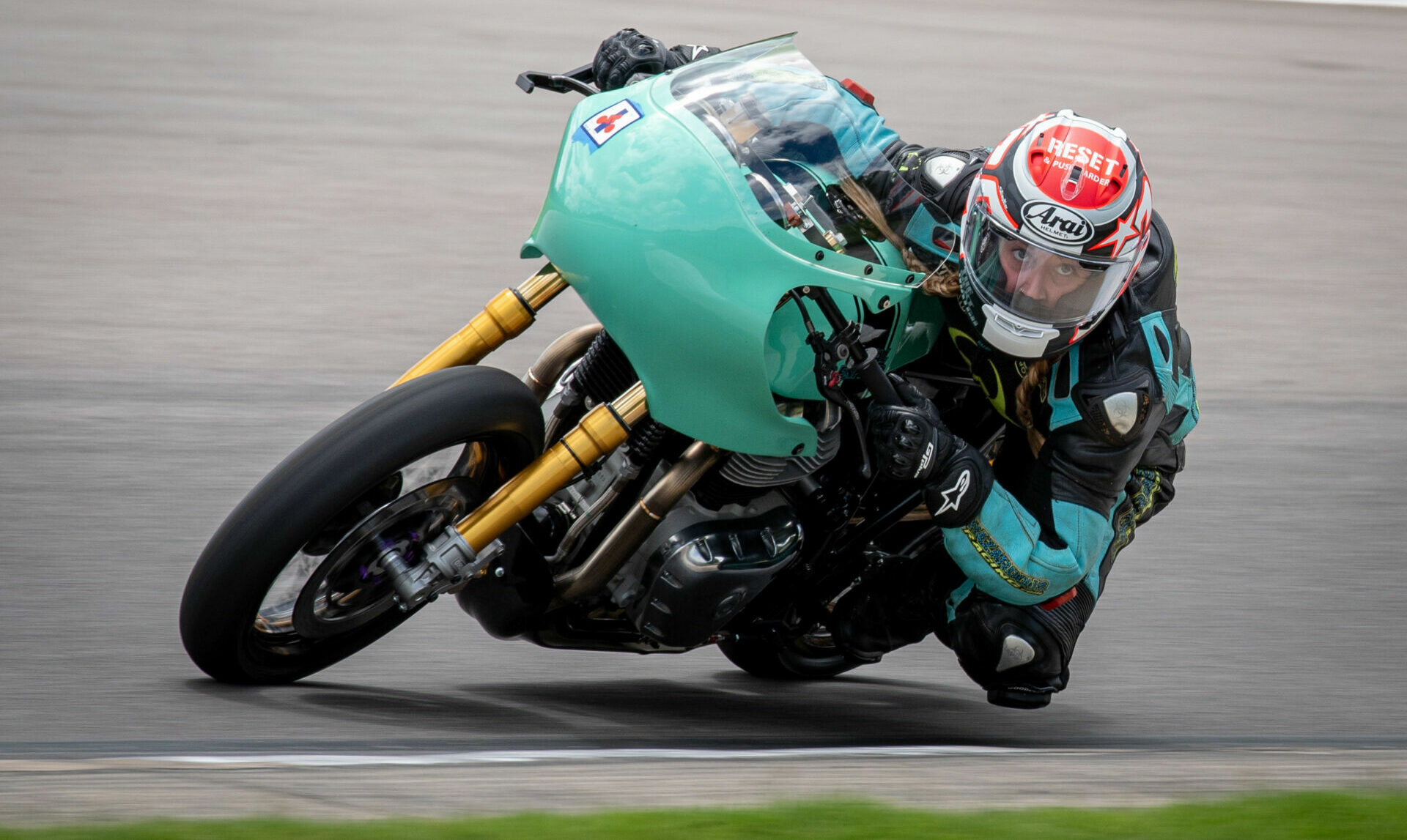 Kayleigh Buyck in action during the Royal Enfield test day at Barber Motorsports Park. Photo by Jen Muecke, courtesy Royal Enfield.