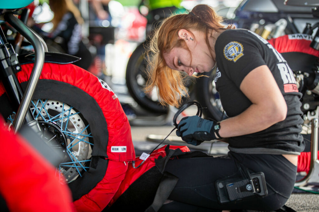 Ash Truxal gets the tire warmers going during the Sportbike Track Time day at Barber. Photo by Jen Muecke, courtesy Royal Enfield.