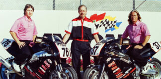 Brett Ray (left) with teammate John Ashmead (right) and Trevor Kemp, a Silkolene representative at the time, at Daytona International Speedway in 1994. Photo by etechphoto.com.