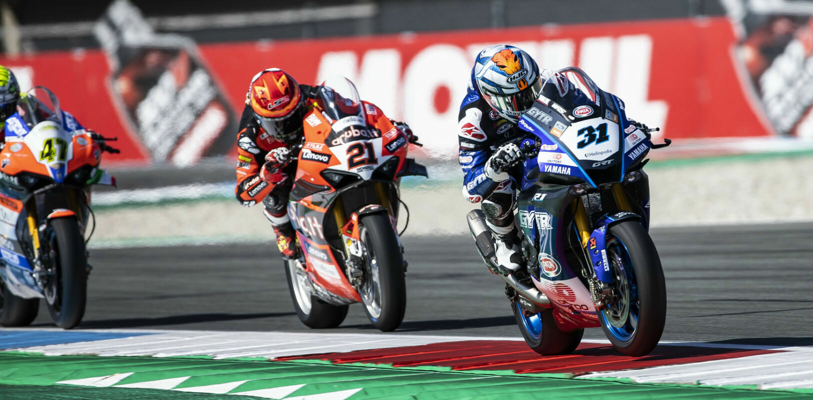 American Garrett Gerloff (31) leading Michael Rinaldi (21) and Axel Bassani (47) during a race at Assen. Photo courtesy GYTR GRT Yamaha WorldSBK Team.