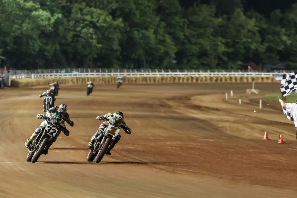 Dallas Daniels (32) and Jared Mees (1) race for the lead in the Mission SuperTwins main event at Red Mile I in Kentucky. Photo courtesy AMA Pro Racing.