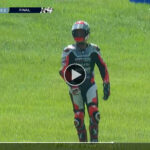 Danilo Petrucci standing and walking under his own power less than 56 seconds after he crashed at the end of MotoAmerica Medallia Superbike Race Two at VIR. Video still image courtesy MotoAmerica Live+.