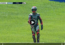 Danilo Petrucci standing and walking under his own power less than 56 seconds after he crashed at the end of MotoAmerica Medallia Superbike Race Two at VIR. Video still image courtesy MotoAmerica Live+.