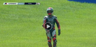 Danilo Petrucci standing and walking under his own power less than 56 seconds after he crashed at the end of MotoAmerica Medallia Superbike Race Two at VIR. Video still image courtesy MotoAmerica Live+.