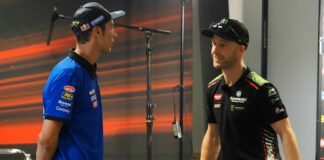 Defending WorldSBK Champion Toprak Razgatlioglu (left) and six-time WorldSBK Champion Jonathan Rea (right) during a pre-race media event at Estoril. Photo courtesy Dorna.