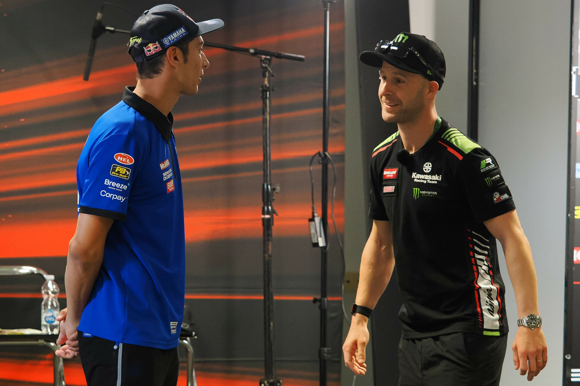 Defending WorldSBK Champion Toprak Razgatlioglu (left) and six-time WorldSBK Champion Jonathan Rea (right) during a pre-race media event at Estoril. Photo courtesy Dorna.