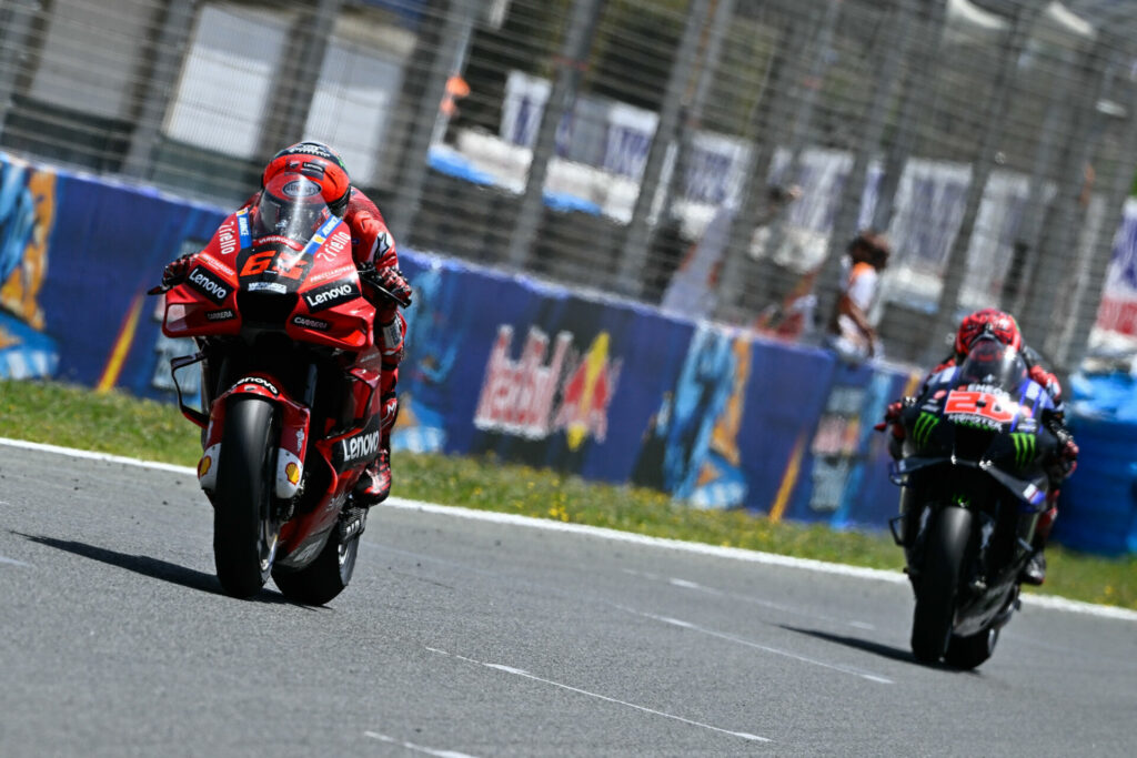 Francesco Bagnaia (63) held off Fabio Quartararo (20) to win the MotoGP race at Jerez. Photo courtesy Dorna.