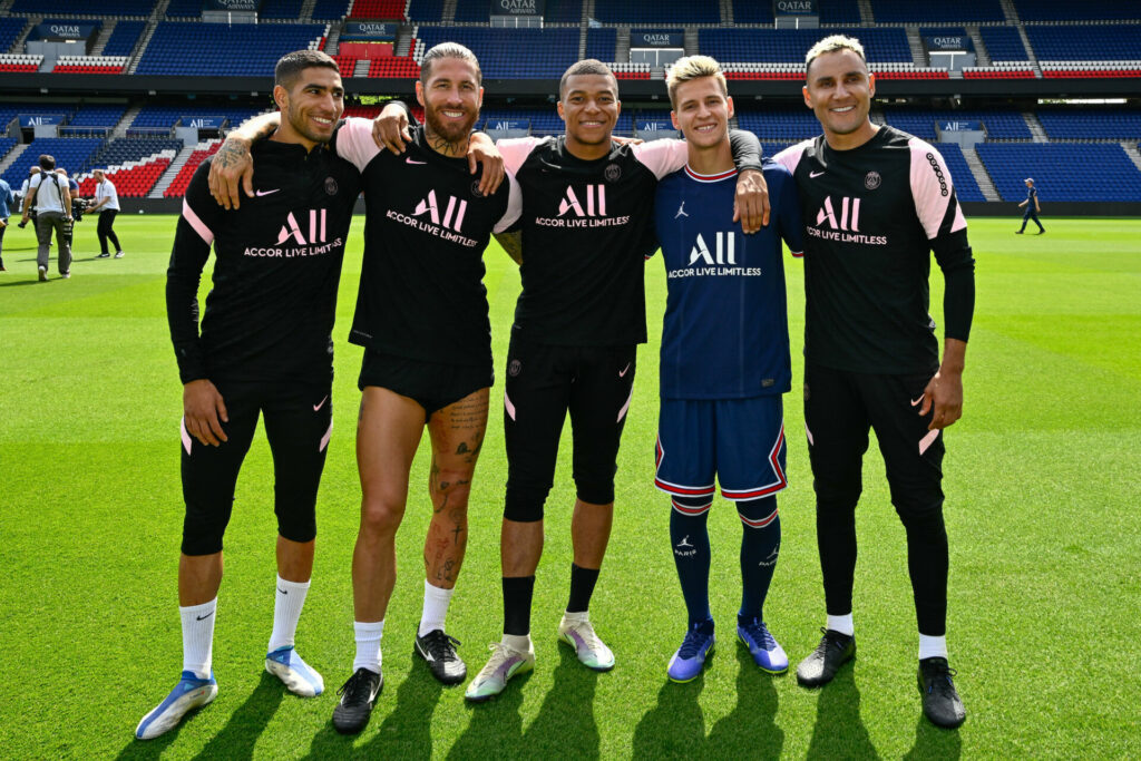 (From left) Achraf Hakimi, Sergio Ramos, Kylian Mbappé, Fabio Quartararo, and Keylor Navas. Photo courtesy Dorna.