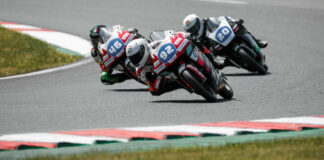 Hungarian-American Rossi Moor (92) leading Matteo Masili (46) and Dustin Schneider (20) during Race Two at Oschersleben. Photo courtesy Northern Talent Cup.