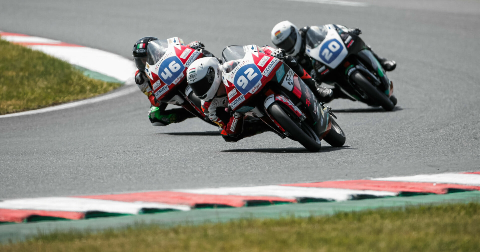 Hungarian-American Rossi Moor (92) leading Matteo Masili (46) and Dustin Schneider (20) during Race Two at Oschersleben. Photo courtesy Northern Talent Cup.