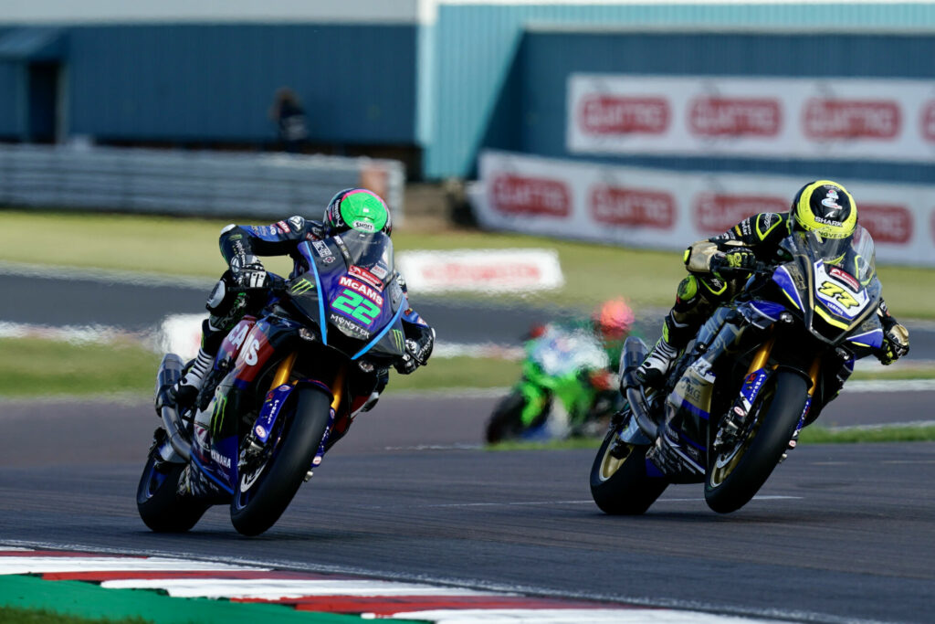 Jason O'Halloran (22) and Kyle Ryde (77) battle for the lead in British Superbike Race One at Donington Park. Photo courtesy MSVR.