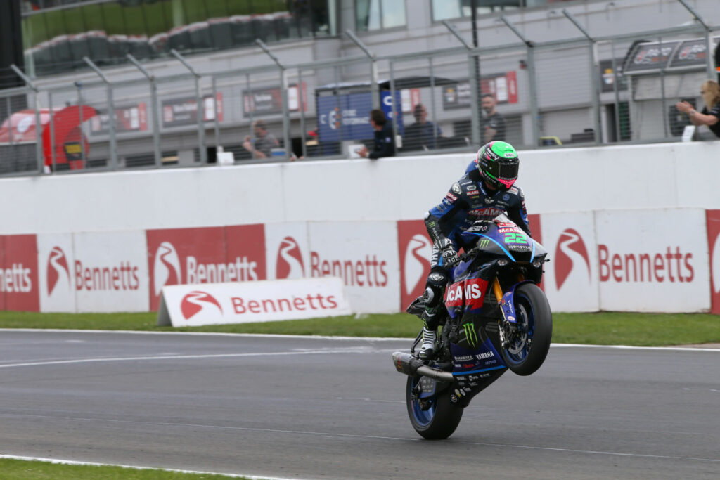 Jason O'Halloran (22) celebrates a British Superbike race victory at Donington Park. Photo courtesy MSVR.