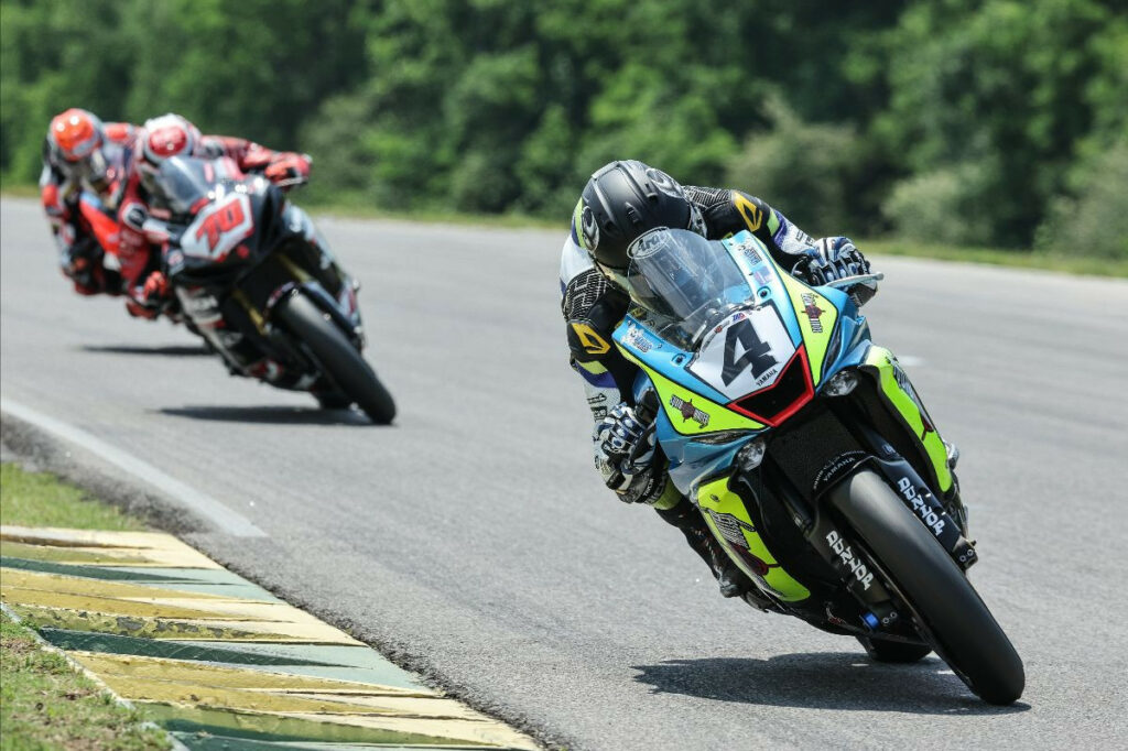 Josh Hayes (4) leading Supersport Race One at VIR. Photo by Brian J. Nelson, courtesy MotoAmerica.