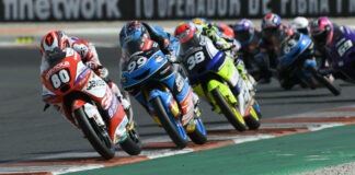 David Alonso (80) leads Jose Rueda (99), David Salvador (38), and the rest of the field during JuniorGP Race One at Valencia. Photo courtesy JrGP.