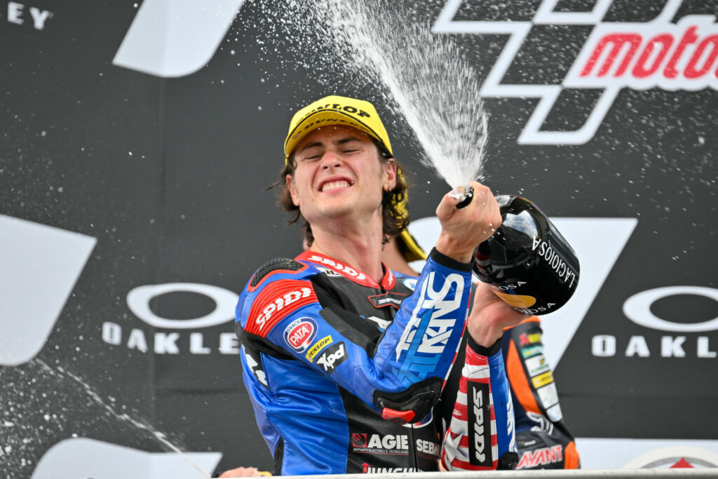 Joe Roberts (16) on the Moto2 podium at Mugello. Photo by Kohei Hirota.