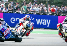 Cameron Beaubier (6) went from 16th to ninth on the first lap of the Moto2 race at Le Mans, passing Somkiat Chantra (35), Jorge Navarra (9), Marcel Schrotter (23), and Ai Ogura (79) along the way. Photo courtesy American Racing Team.