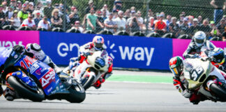 Cameron Beaubier (6) went from 16th to ninth on the first lap of the Moto2 race at Le Mans, passing Somkiat Chantra (35), Jorge Navarra (9), Marcel Schrotter (23), and Ai Ogura (79) along the way. Photo courtesy American Racing Team.