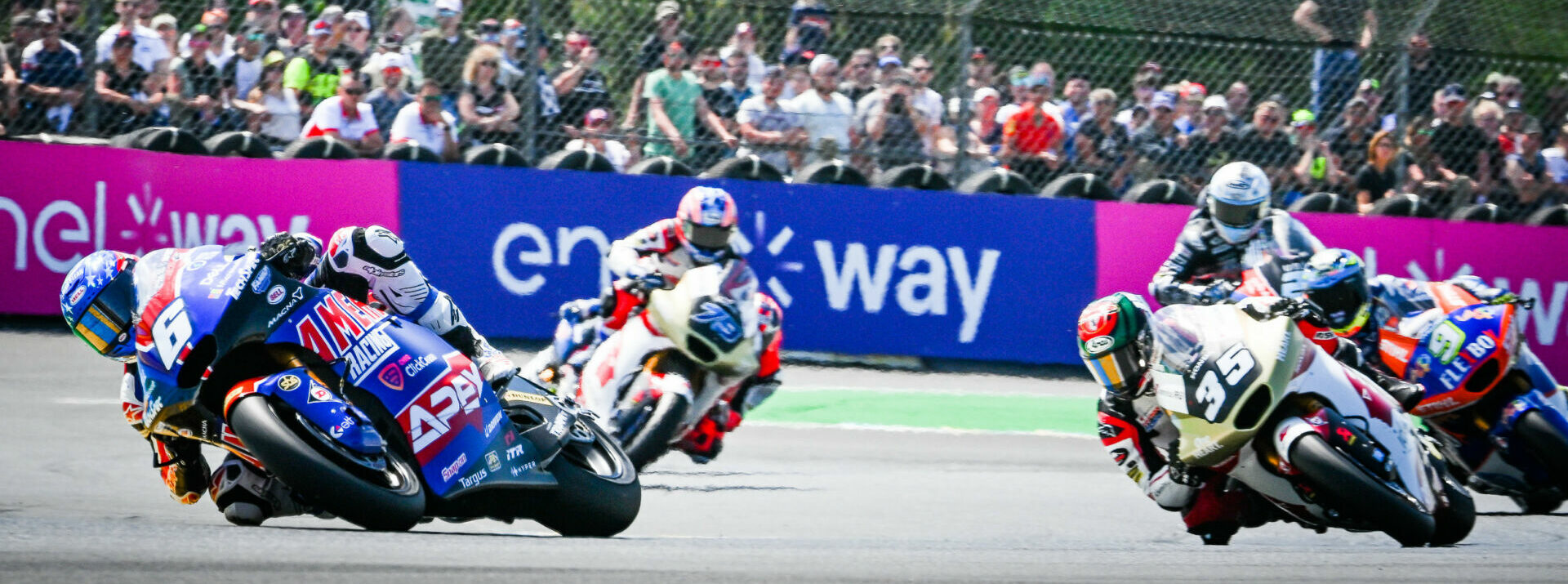 Cameron Beaubier (6) went from 16th to ninth on the first lap of the Moto2 race at Le Mans, passing Somkiat Chantra (35), Jorge Navarra (9), Marcel Schrotter (23), and Ai Ogura (79) along the way. Photo courtesy American Racing Team.