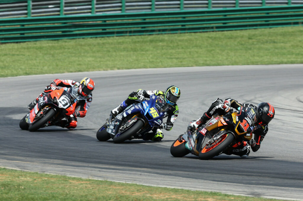 Mathew Scholtz (11) leads Cameron Petersen (45) and Danilo Petrucci (9) during Race Two at VIR. Photo by Brian J. Nelson, courtesy Westby Racing.