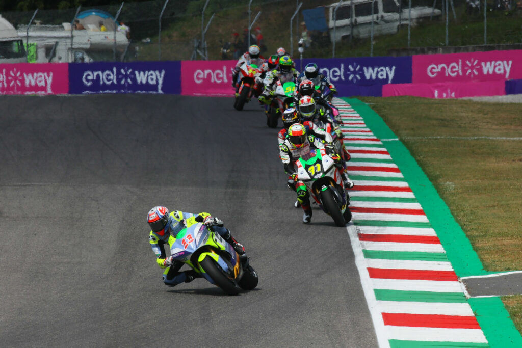 Matteo Ferrari (11) leading MotoE Race Two at Mugello. Photo courtesy Dorna.