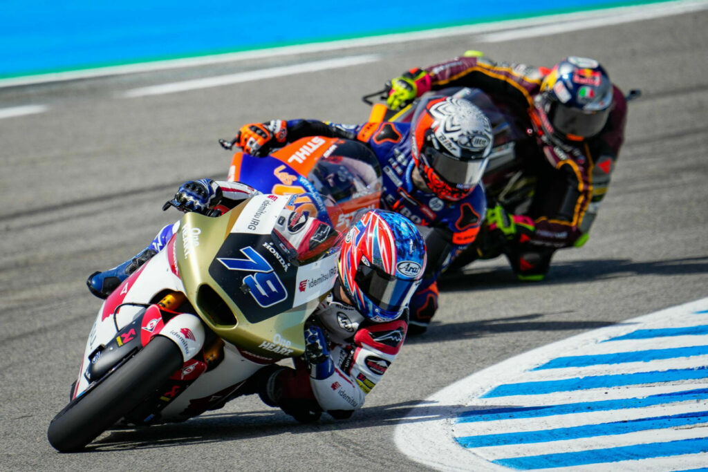 Moto2 racers Ai Ogura (79), Aron Canet (behind Ogura), and Tony Arbolino (behind Canet). Photo courtesy Dorna.