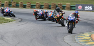 Jake Gagne (32) leads Mathew Scholtz (11), Bobby Fong (50), Josh Herrin (2), and Cameron Petersen (45) during MotoAmerica Superbike Race One at VIR in 2021. Photo by Brian J. Nelson.