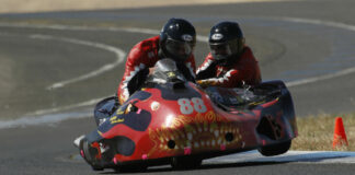 Wade Boyd (88) and passenger Eric Lindauer at speed on their sidecar rig during the AHRMA event at Thunderhill Raceway Park. Photo by Oxymoron Photography, courtesy AHRMA.