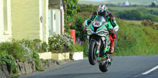 Peter Hickman (10) getting airborne Monday during qualifying at the Isle of Man TT. Photo courtesy Isle of Man TT Press Office.