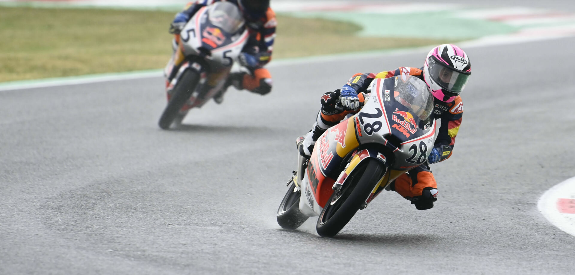 Max Quiles (28) won wet Red Bull MotoGP Rookies Cup Race One Saturday at Mugello. Photo courtesy Red Bull.