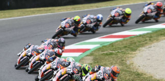 Collin Veijer (95) leads Red Bull MotoGP Rookies Cup Race Two at Mugello. Photo courtesy Red Bull.