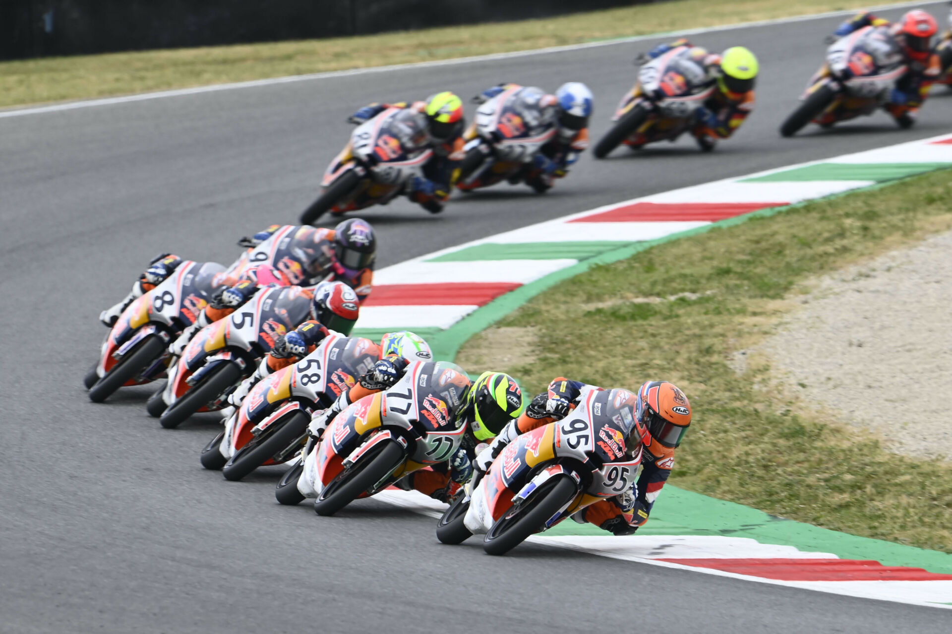 Collin Veijer (95) leads Red Bull MotoGP Rookies Cup Race Two at Mugello. Photo courtesy Red Bull.