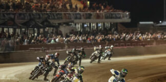 Dallas Daniels (32), Jared Mees (1), James Rispoli (43), Brandon Robinson (44) and the rest of the Mission SuperTwins field in Red Mile 1 action on Saturday, May 28th. Photo by Brian J. Nelson.