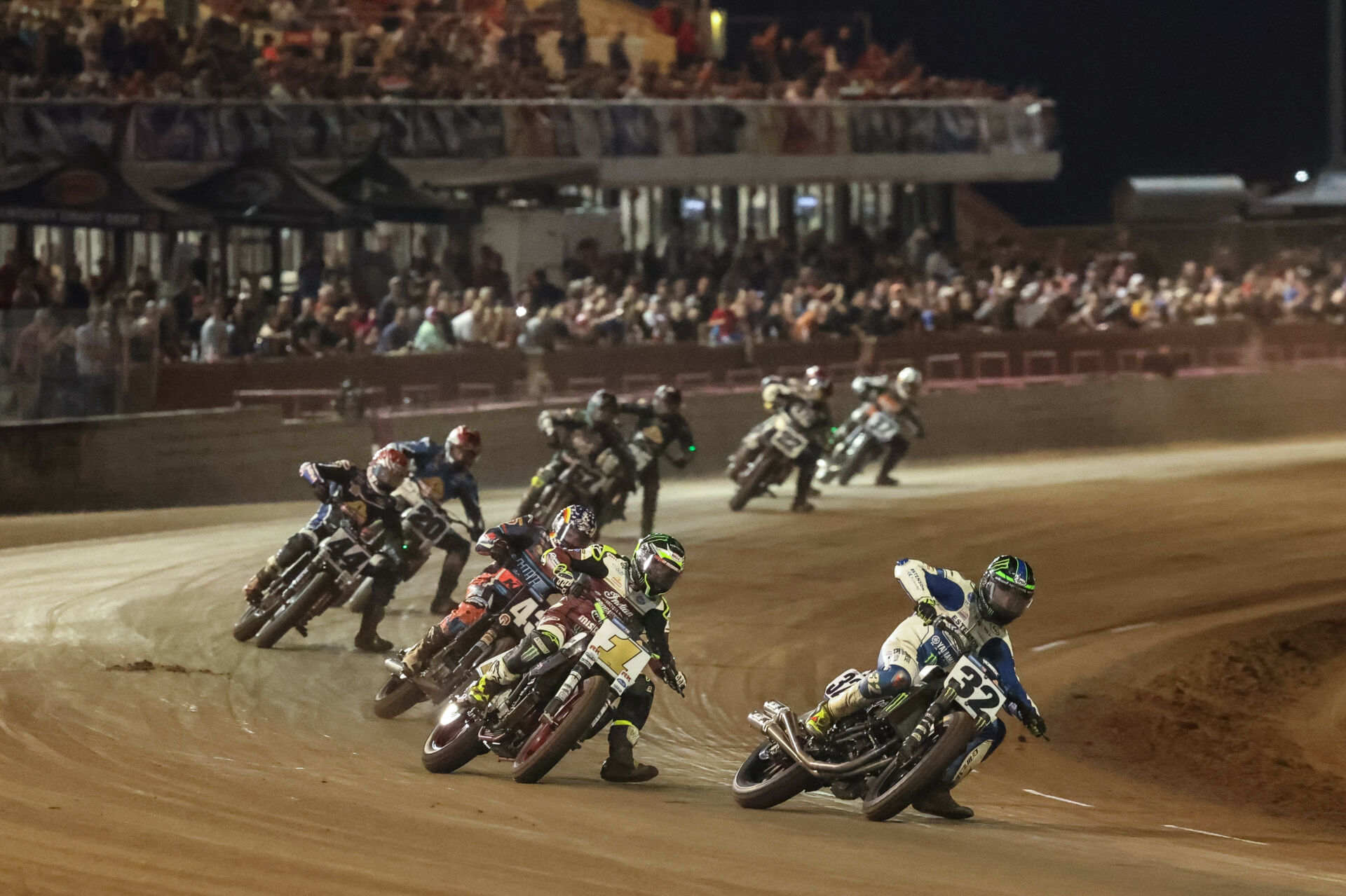 Dallas Daniels (32), Jared Mees (1), James Rispoli (43), Brandon Robinson (44) and the rest of the Mission SuperTwins field in Red Mile 1 action on Saturday, May 28th. Photo by Brian J. Nelson.