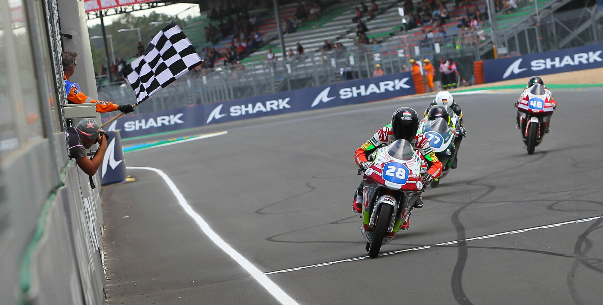 Kevin Farkas (28) won Northern Talent Cup Race Two at Le Mans. Photo courtesy Dorna.
