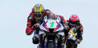 Glenn Irwin leading at the North West 200 on his Honda Racing UK CBR1000RR-R Fireblade SP. Photo courtesy North West 200 Press Office.