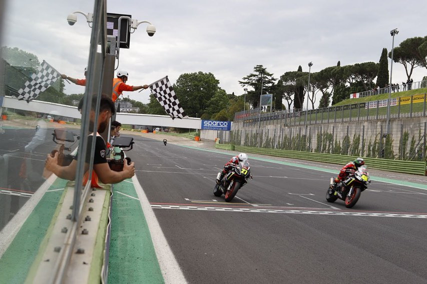 Francesco Mongiardo (49) edged out Max Toth (27) by 0.005 second at the finish of the Aprilia RS 660 Cup race at Vallelunga, in Italy. Photo courtesy BK Corse.